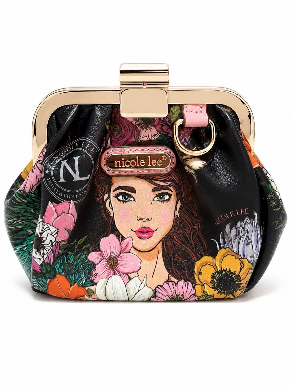 Nicole Lee Black Floral Portrait Frame Clasp Coin Hand Purse